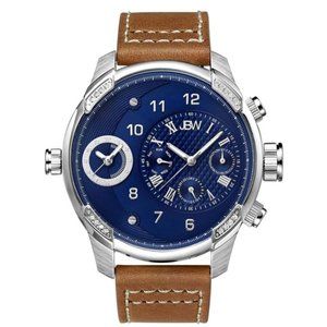 JBW Men's G3 Diamond 46mm Brown Leather Band Steel Case Swiss Quartz Blue Dial A